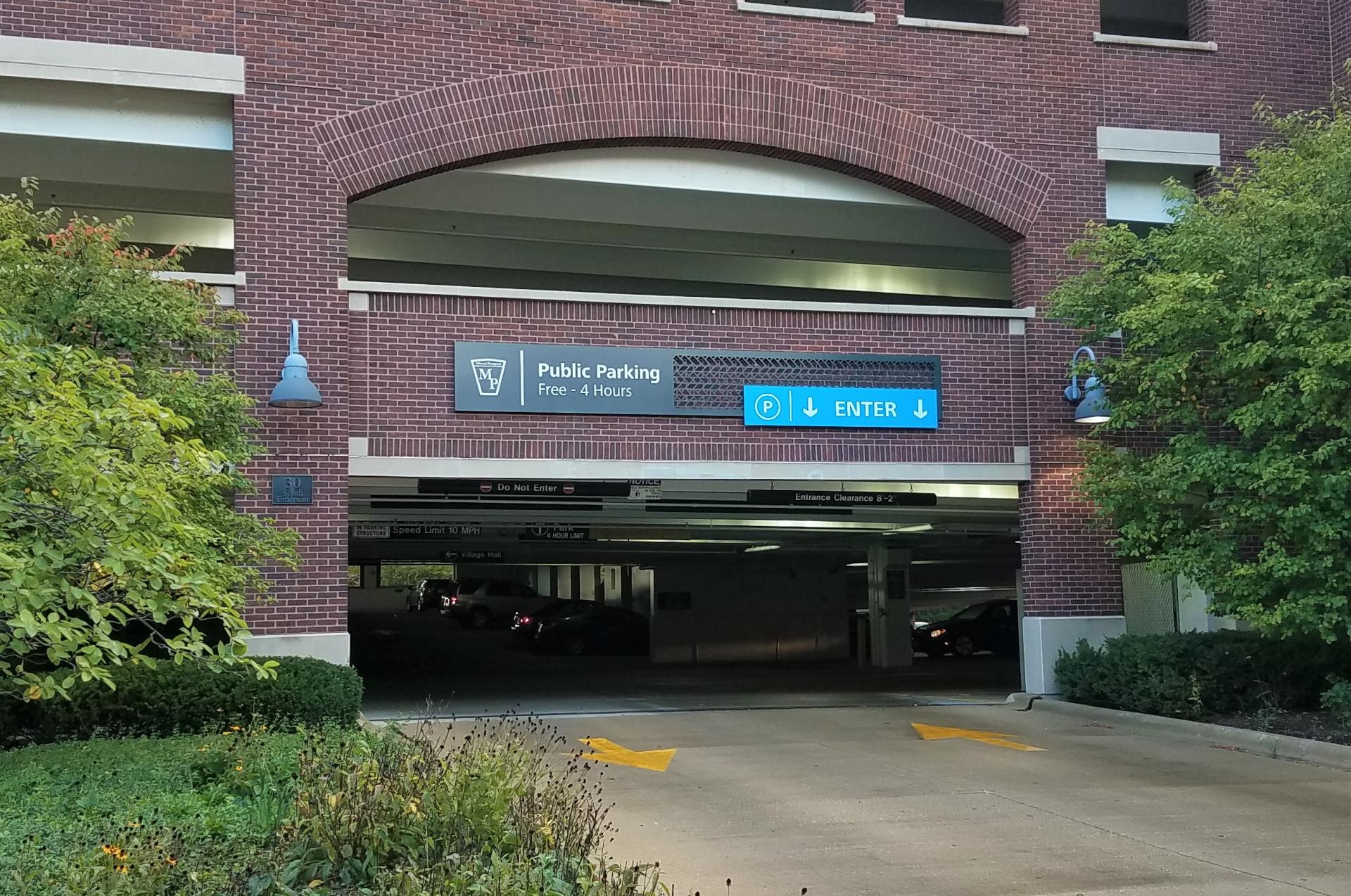 A parking garage scene showcasing a clear sign labeled